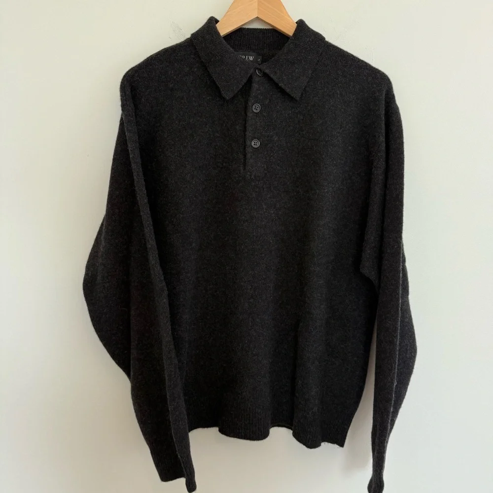 J.Crew Lambswool Henley Sweater Men's Large Gray Heather Classic Preppy Academia